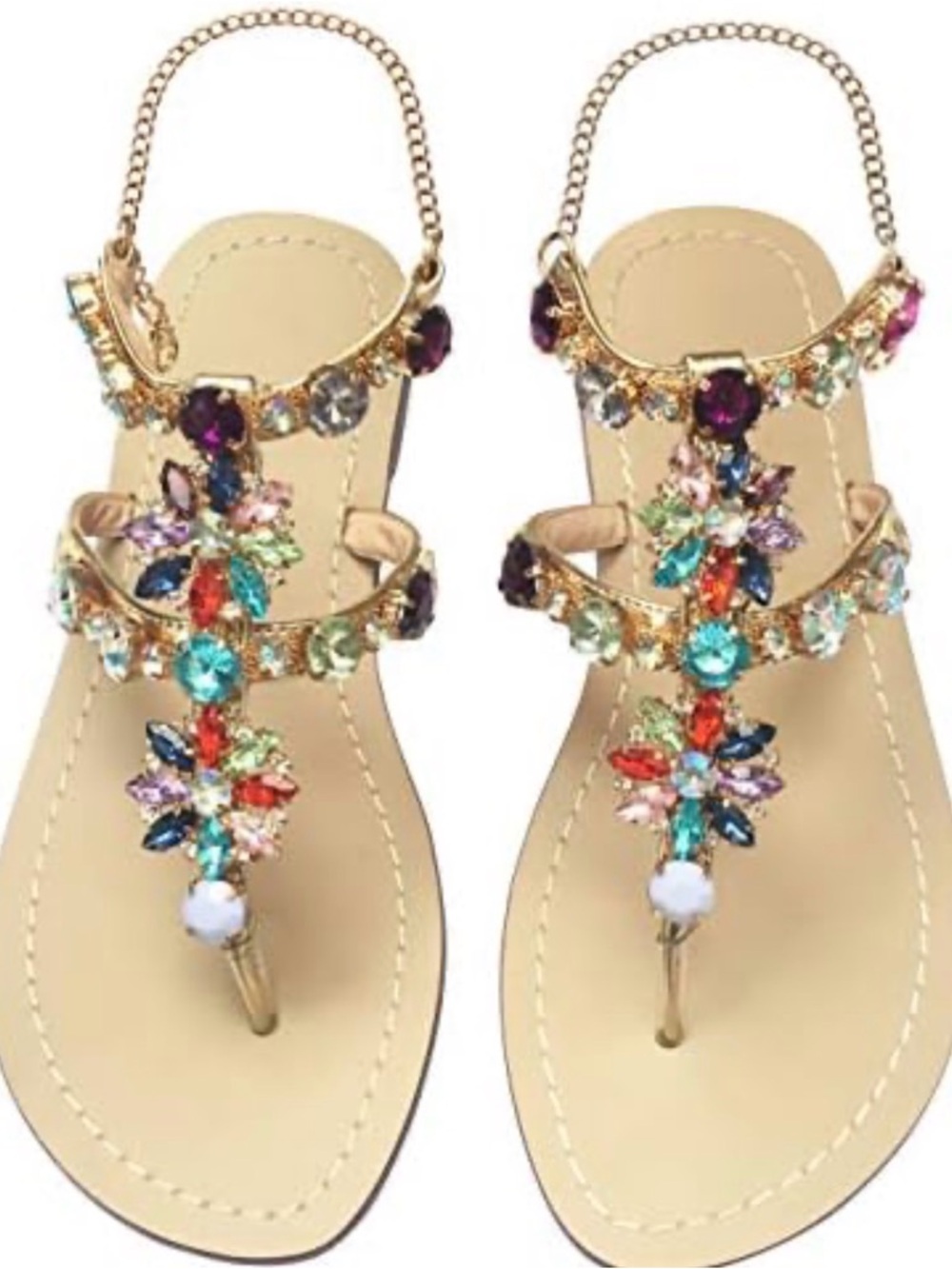 SHEIN Gold T-Strap Sandals with Multicolor Gem Embellishments